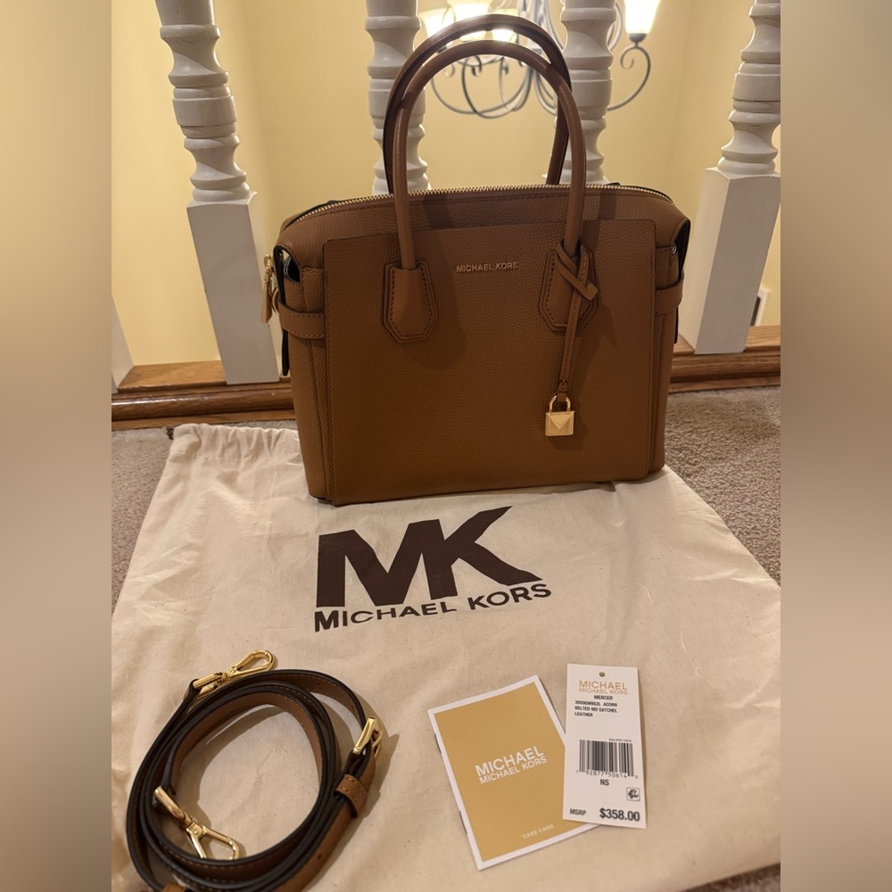 Michael Kors belted MD satchel in brown leather, retail $358